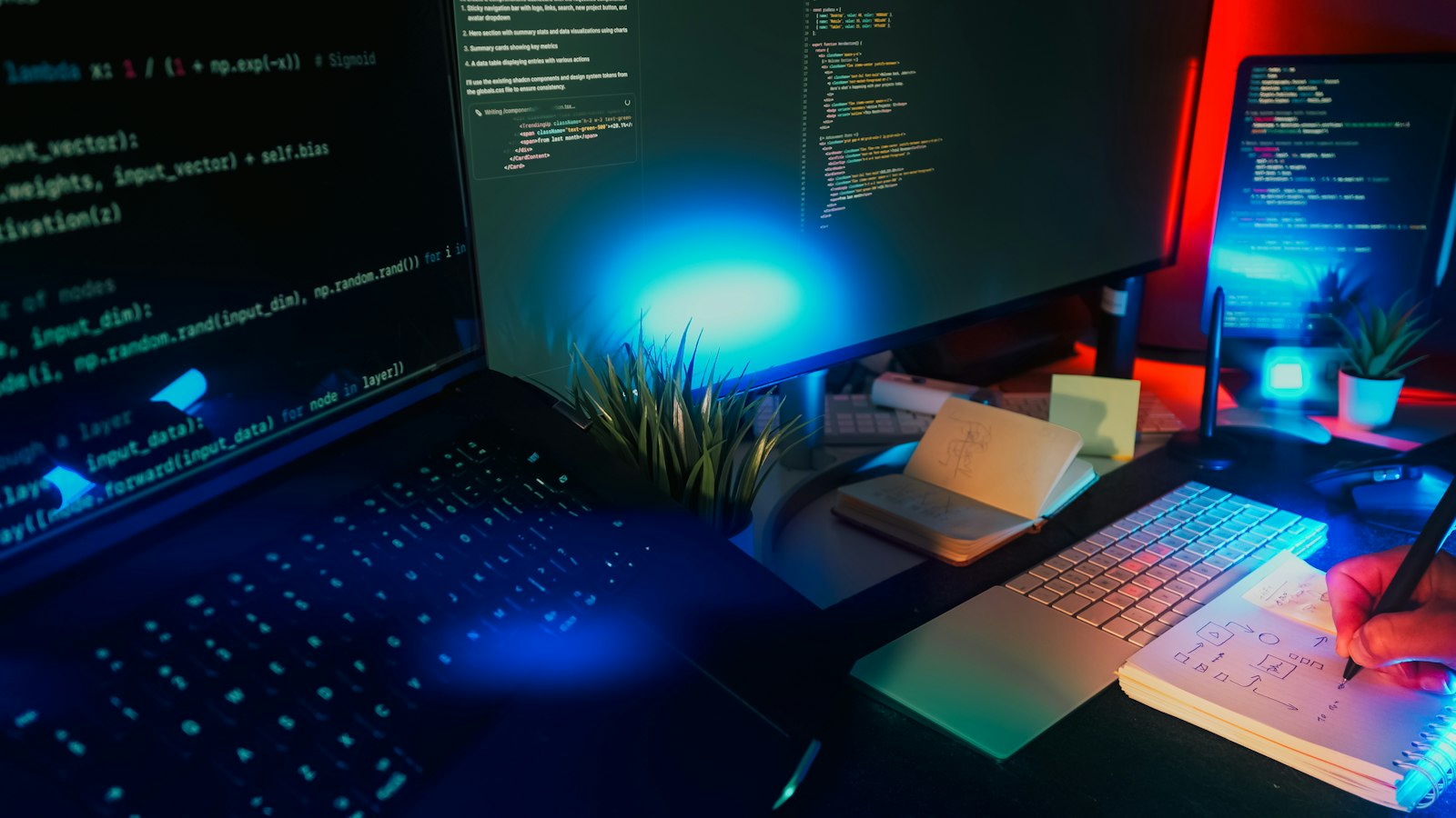 Monitors displaying source code in a dimly lit office